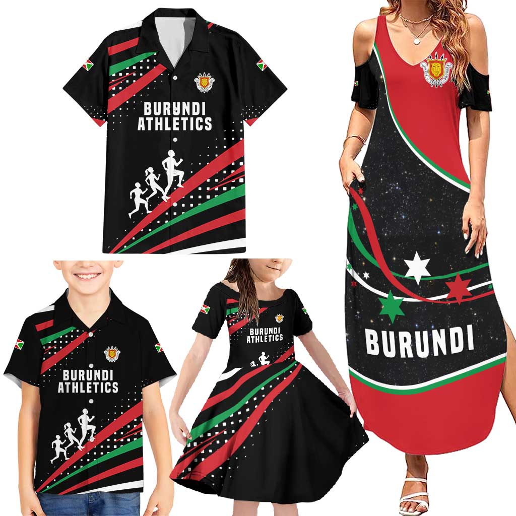 Burundi Family Matching Summer Maxi Dress and Hawaiian Shirt with Athletics Runners Black Red Green Flag Spirit