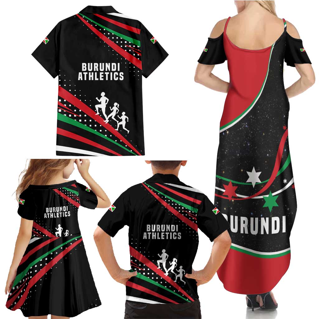 Burundi Family Matching Summer Maxi Dress and Hawaiian Shirt with Athletics Runners Black Red Green Flag Spirit