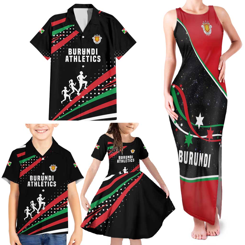 Burundi Family Matching Tank Maxi Dress and Hawaiian Shirt with Athletics Runners Black Red Green Flag Spirit