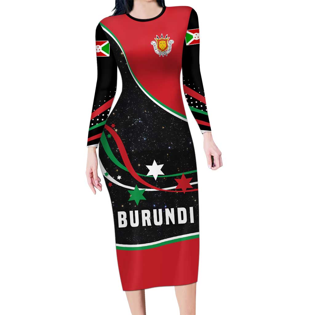Burundi Long Sleeve Bodycon Dress with Athletics Runners Black Red Green Flag Spirit