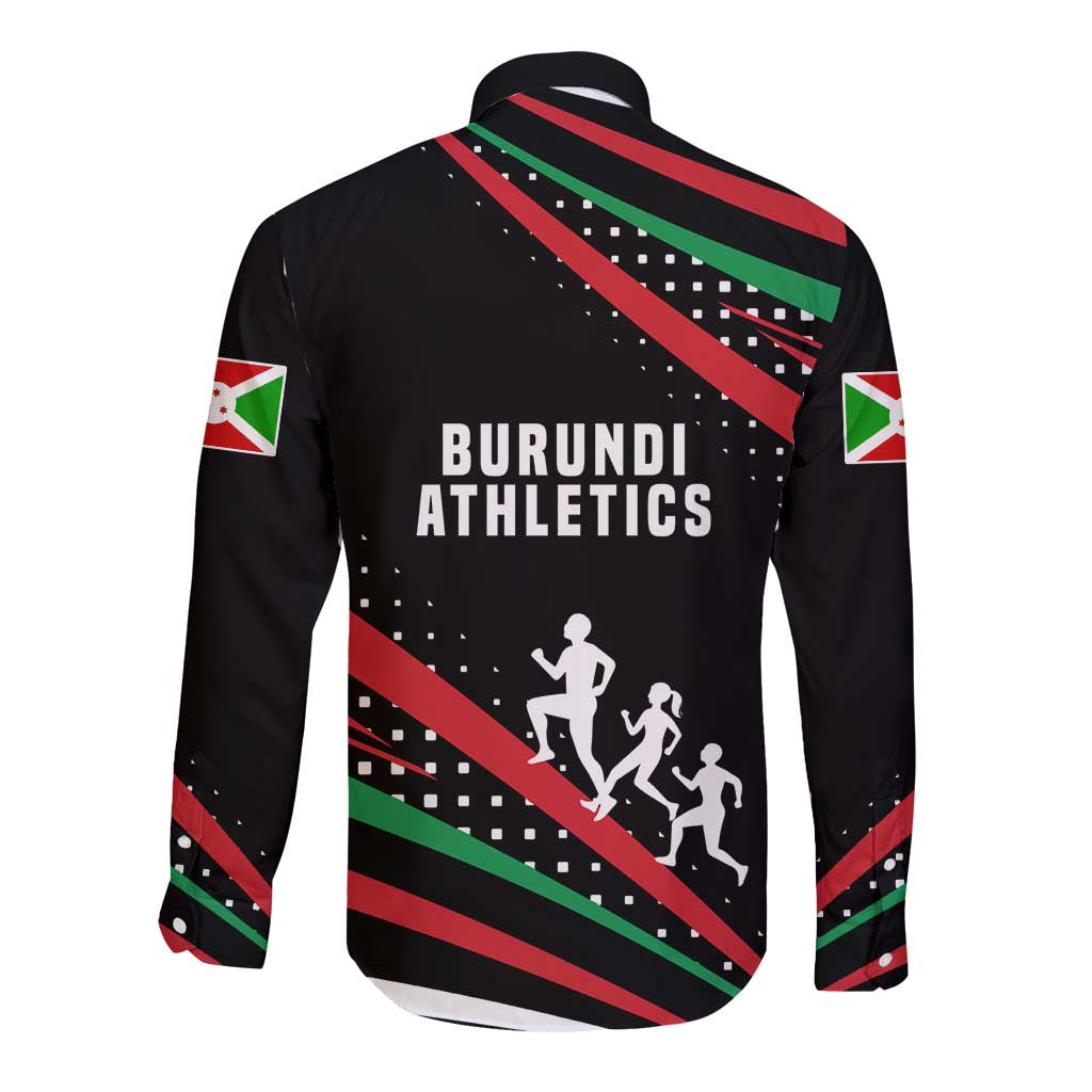 Burundi Long Sleeve Button Shirt with Athletics Runners Black Red Green Flag Spirit