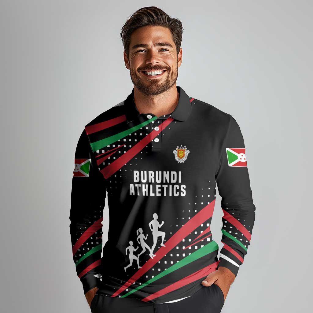 Burundi Long Sleeve Polo Shirt with Athletics Runners Black Red Green Flag Spirit