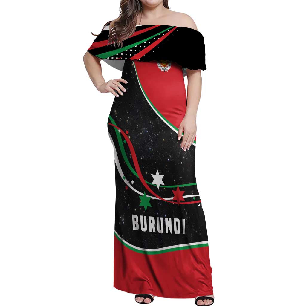 Burundi Off Shoulder Maxi Dress with Athletics Runners Black Red Green Flag Spirit