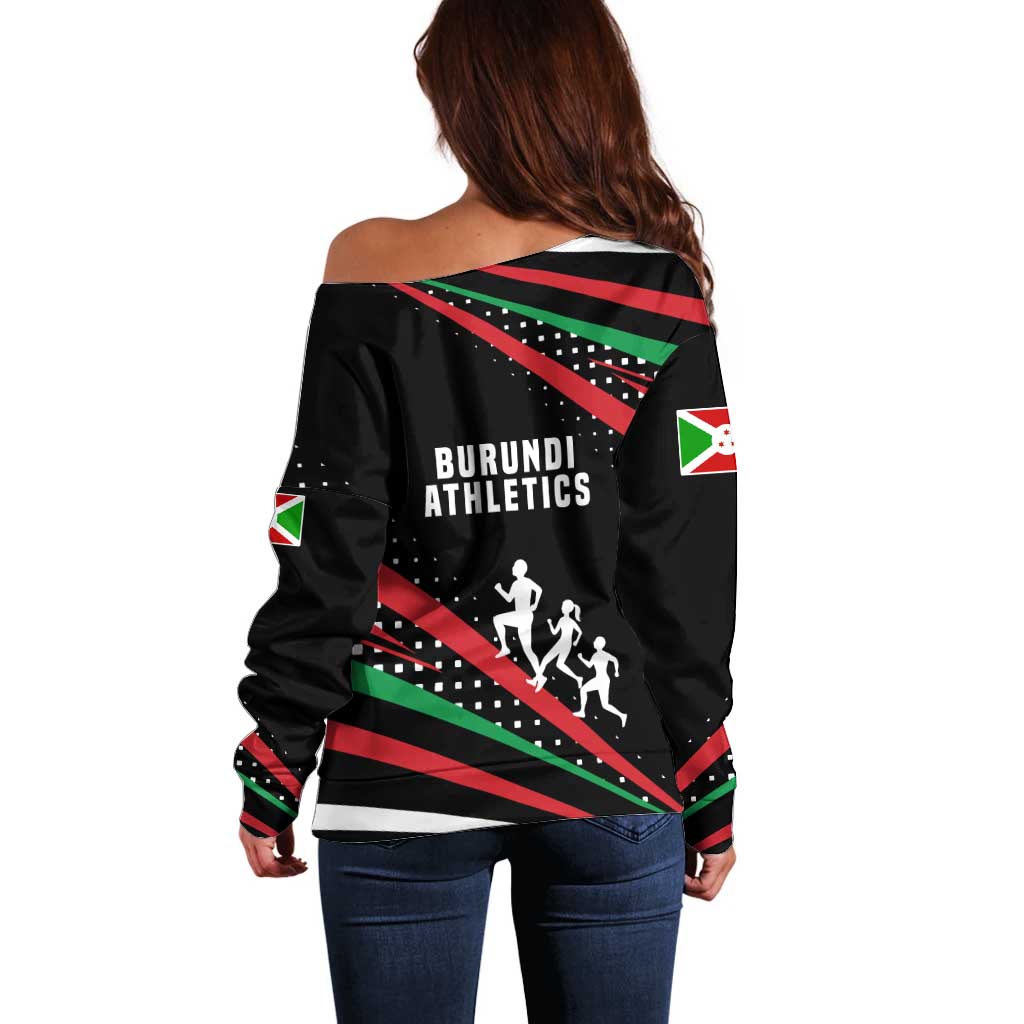 Burundi Off Shoulder Sweater with Athletics Runners Black Red Green Flag Spirit