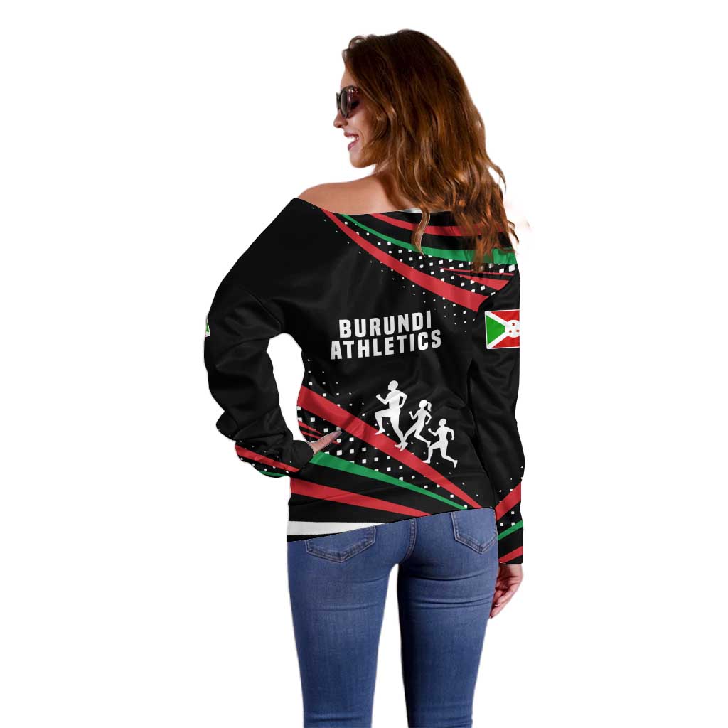 Burundi Off Shoulder Sweater with Athletics Runners Black Red Green Flag Spirit