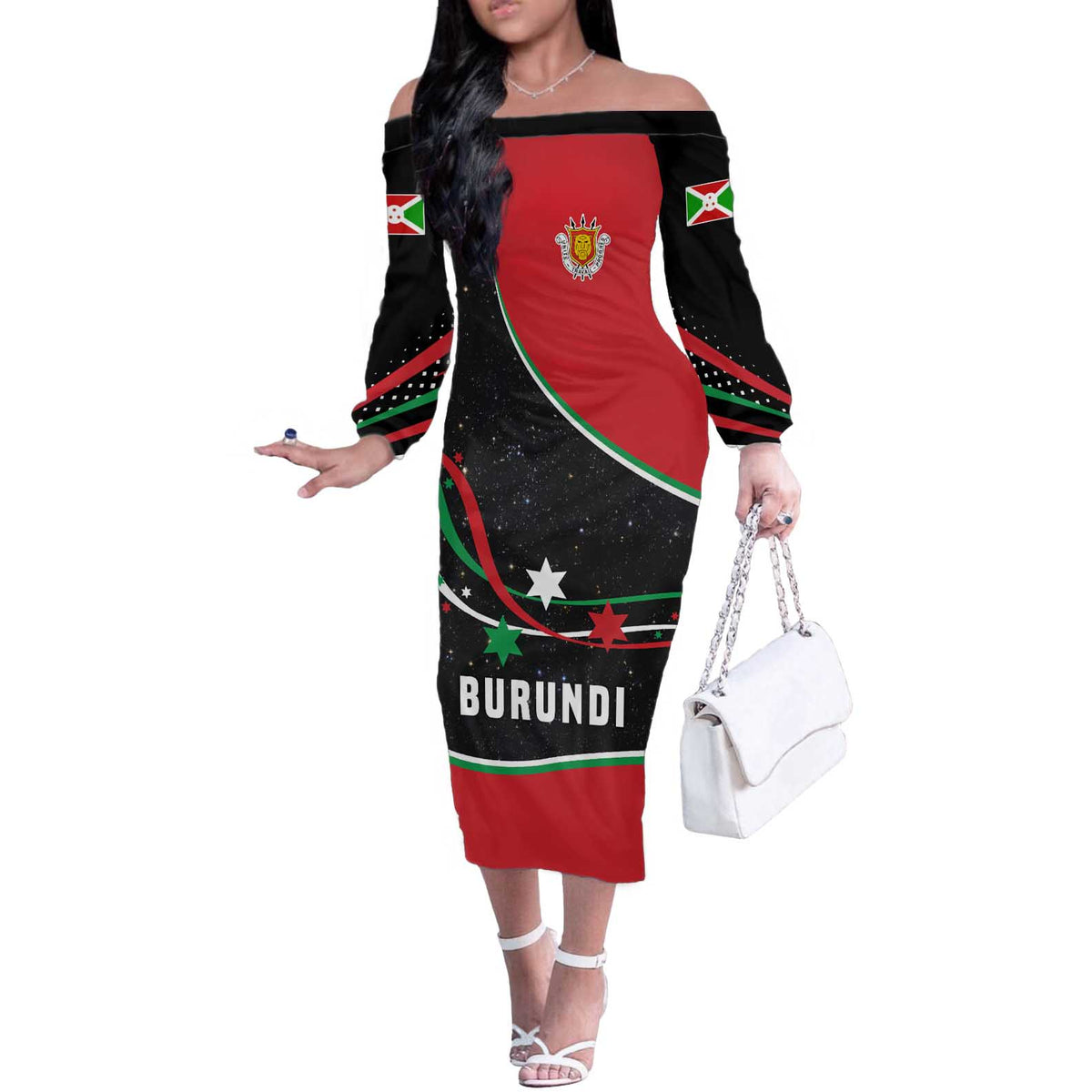 Burundi Off The Shoulder Long Sleeve Dress with Athletics Runners Black Red Green Flag Spirit