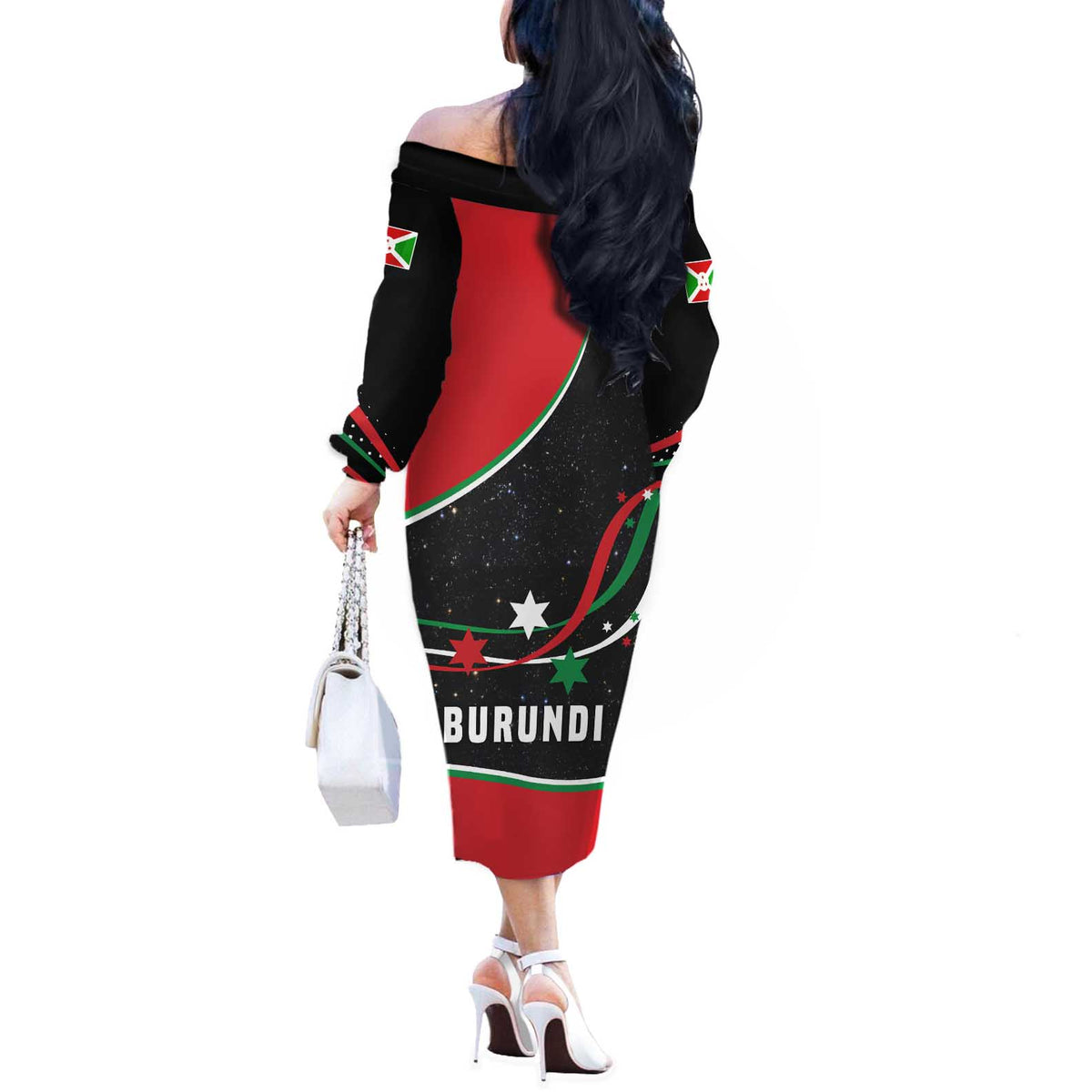 Burundi Off The Shoulder Long Sleeve Dress with Athletics Runners Black Red Green Flag Spirit