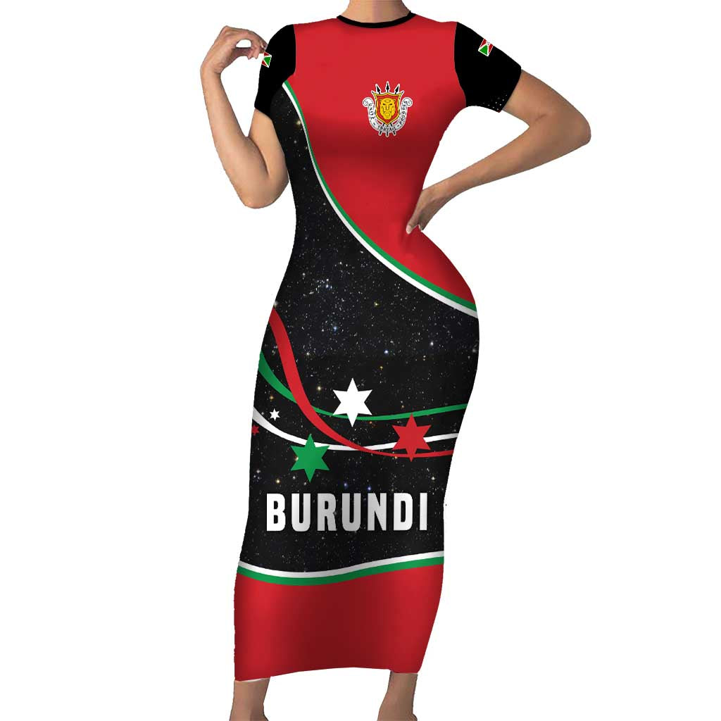 Burundi Short Sleeve Bodycon Dress with Athletics Runners Black Red Green Flag Spirit
