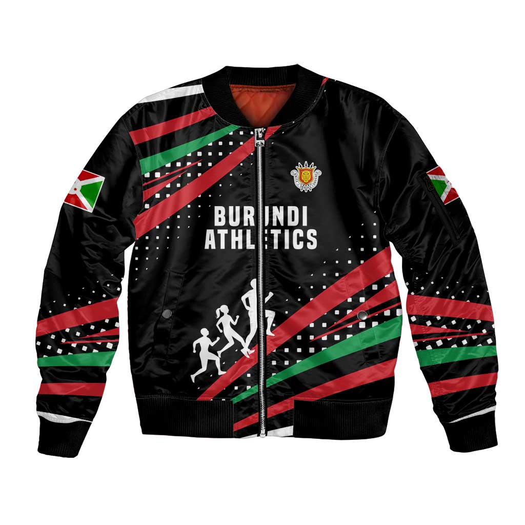 Burundi Sleeve Zip Bomber Jacket with Athletics Runners Black Red Green Flag Spirit