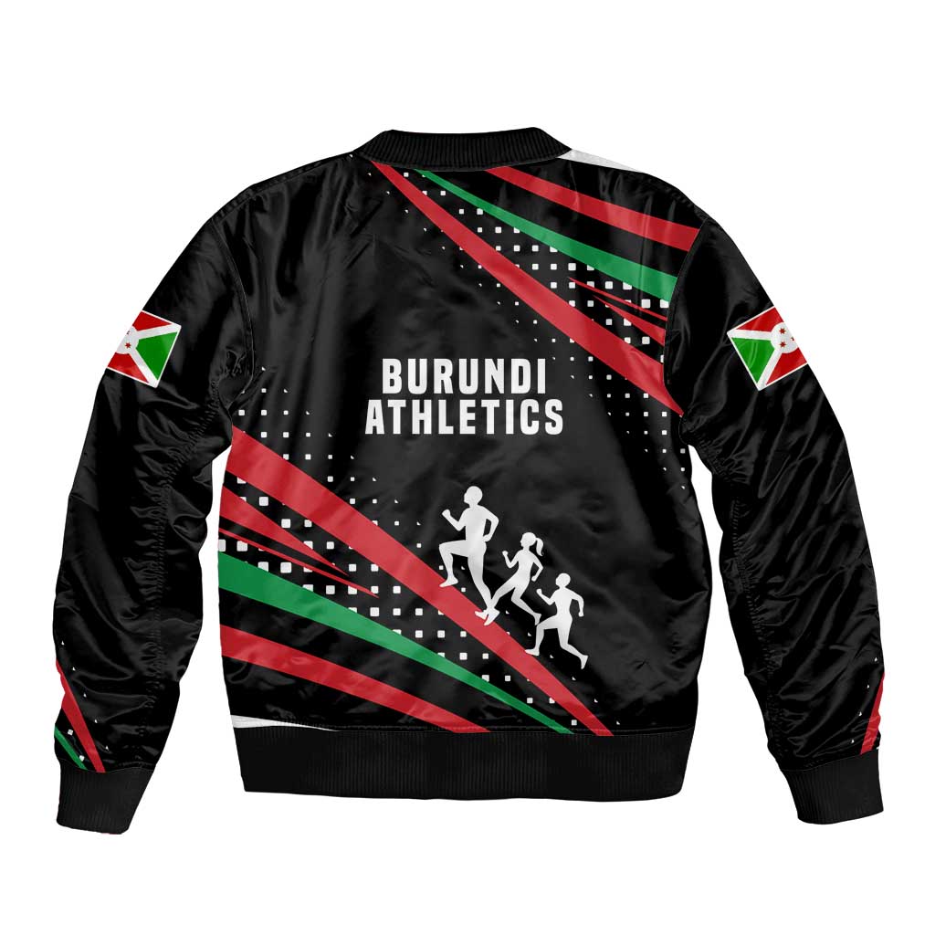 Burundi Sleeve Zip Bomber Jacket with Athletics Runners Black Red Green Flag Spirit