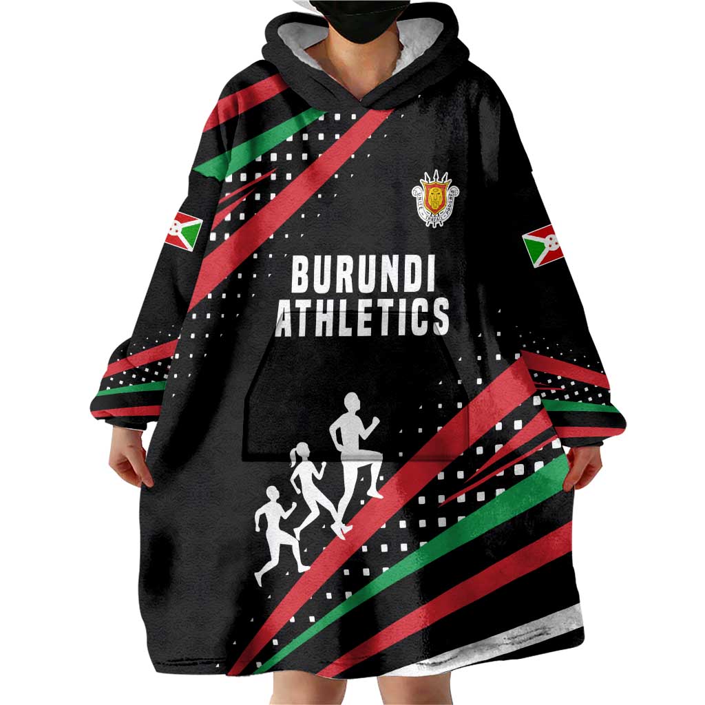 Burundi Wearable Blanket Hoodie with Athletics Runners Black Red Green Flag Spirit