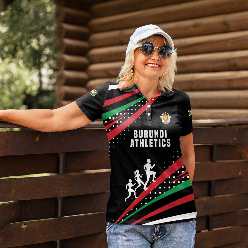 Burundi Women Polo Shirt with Athletics Runners Black Red Green Flag Spirit