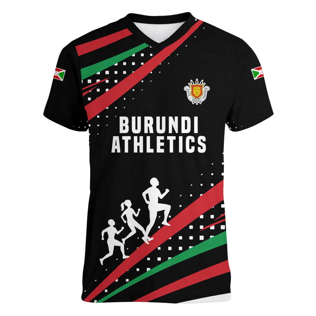 Burundi Women V-Neck T-Shirt with Athletics Runners Black Red Green Flag Spirit