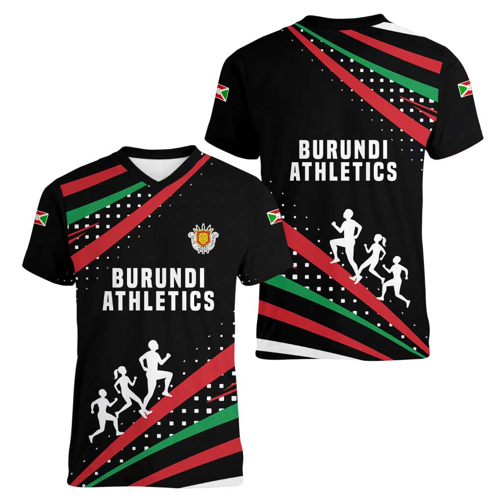 Burundi Women V-Neck T-Shirt with Athletics Runners Black Red Green Flag Spirit