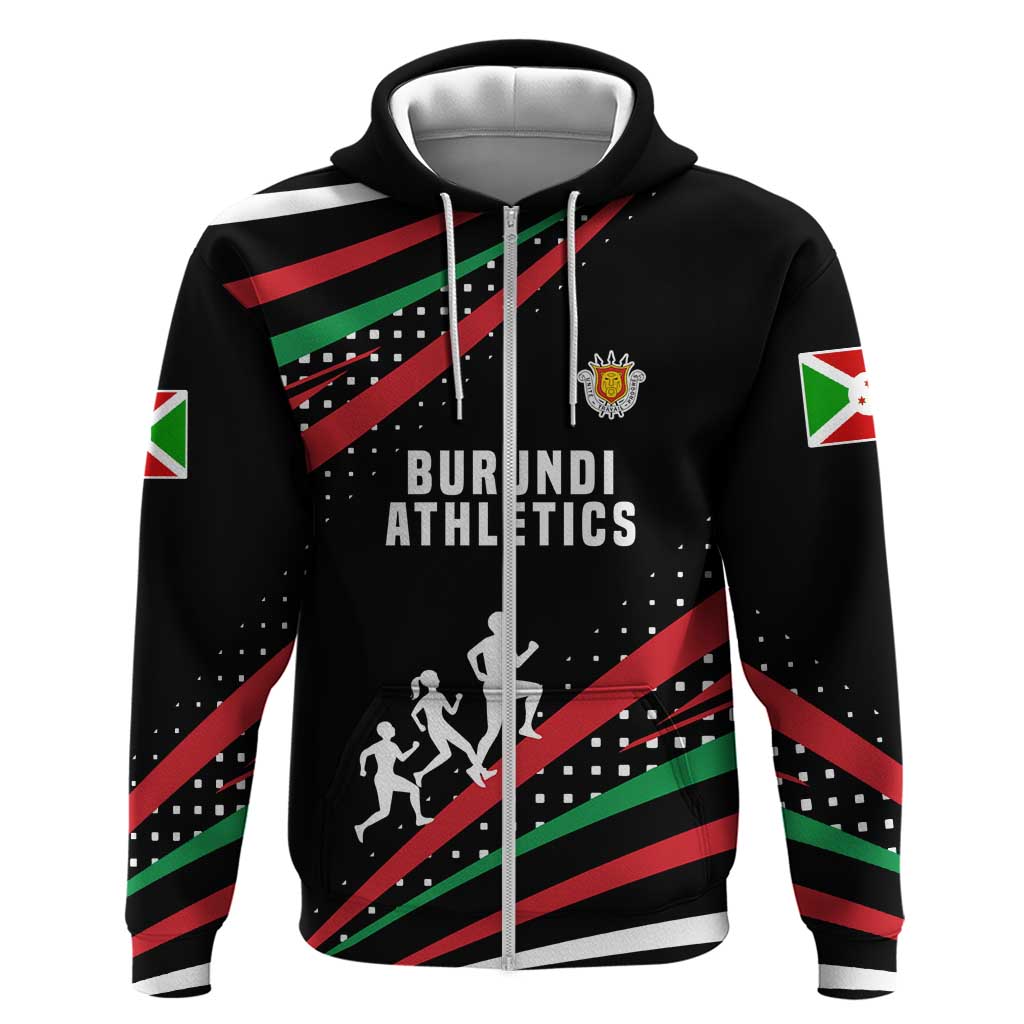 Burundi Zip Hoodie with Athletics Runners Black Red Green Flag Spirit