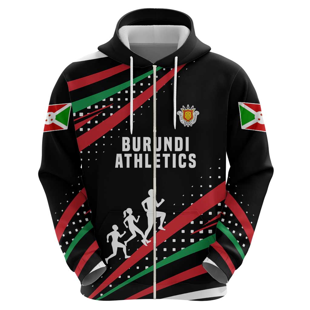 Burundi Zip Hoodie with Athletics Runners Black Red Green Flag Spirit