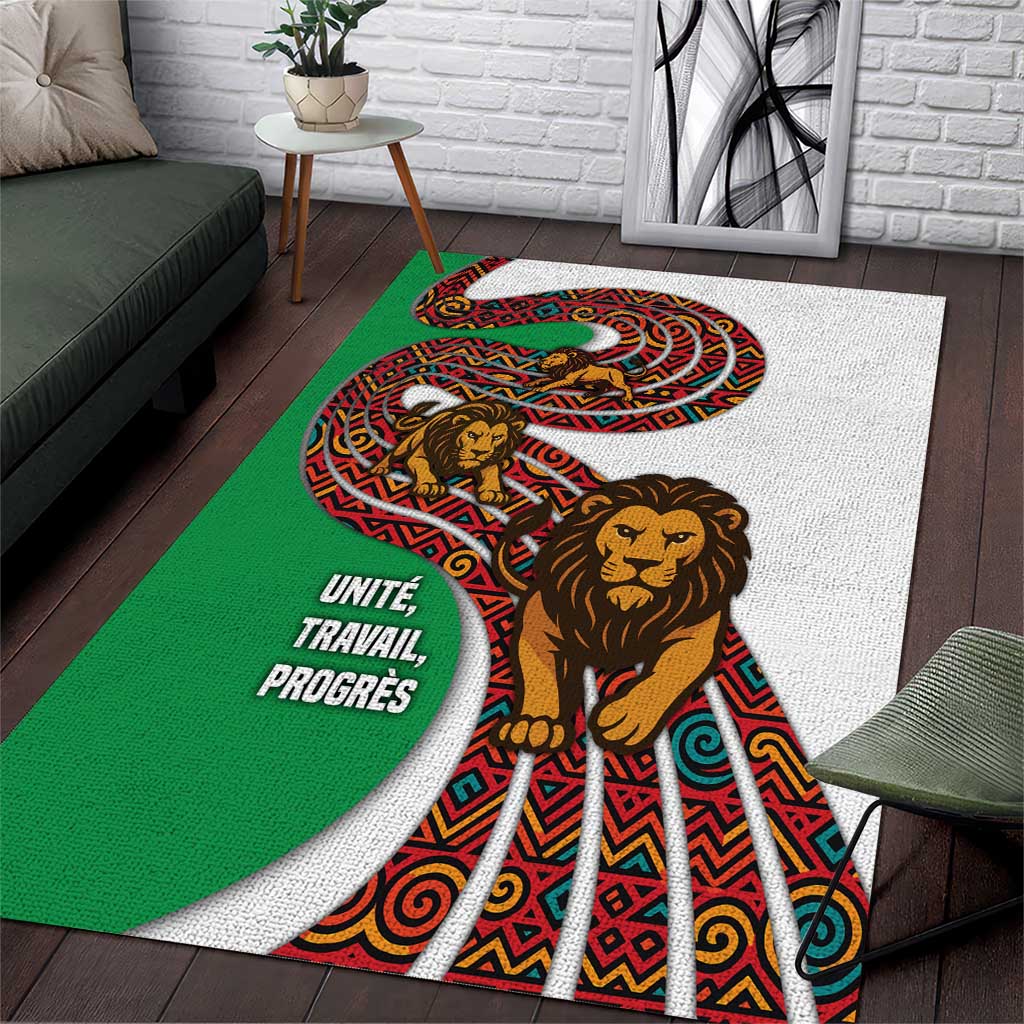 Burundi Lion Tribal Pattern Area Rug with National Motto Unité Travail Progrès