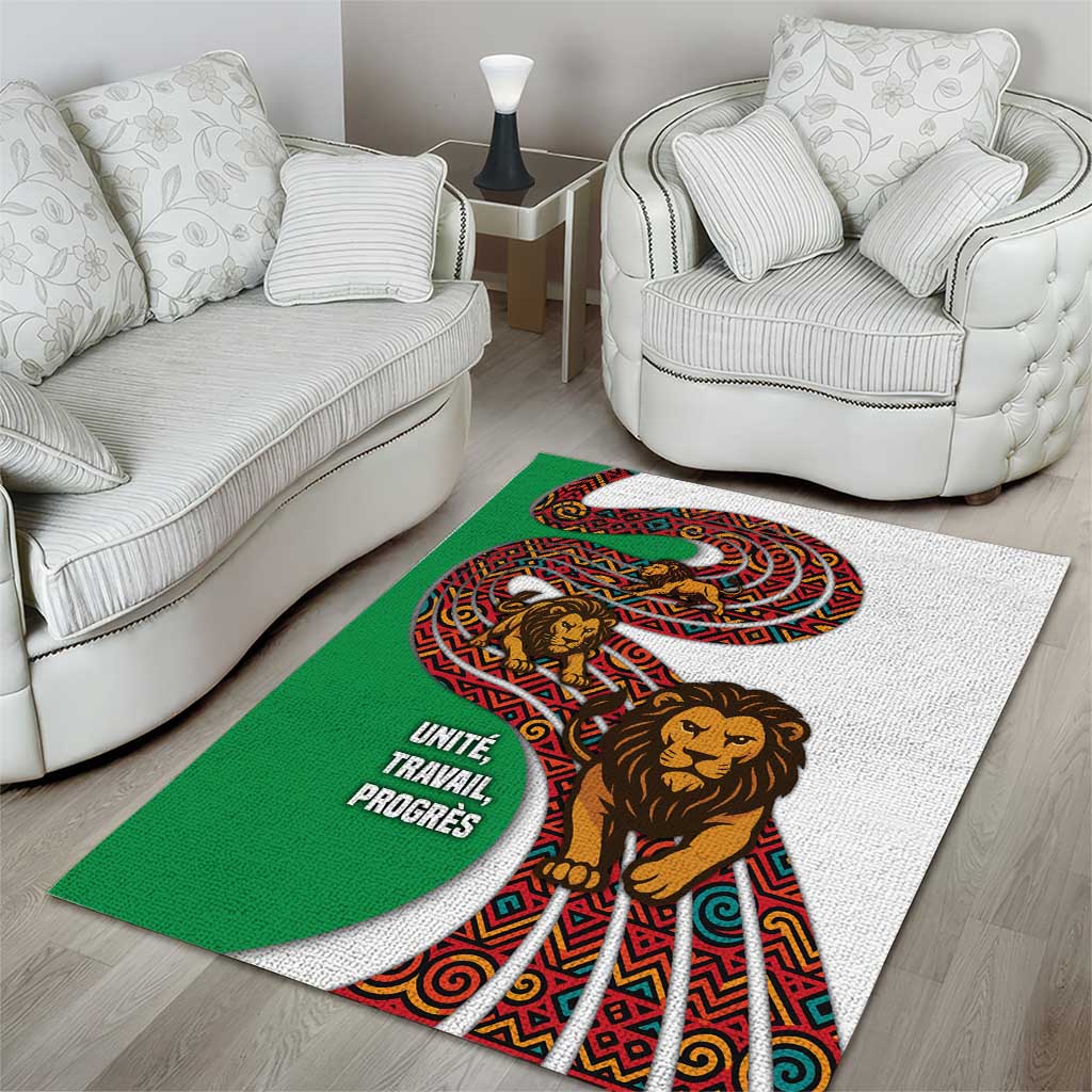 Burundi Lion Tribal Pattern Area Rug with National Motto Unité Travail Progrès