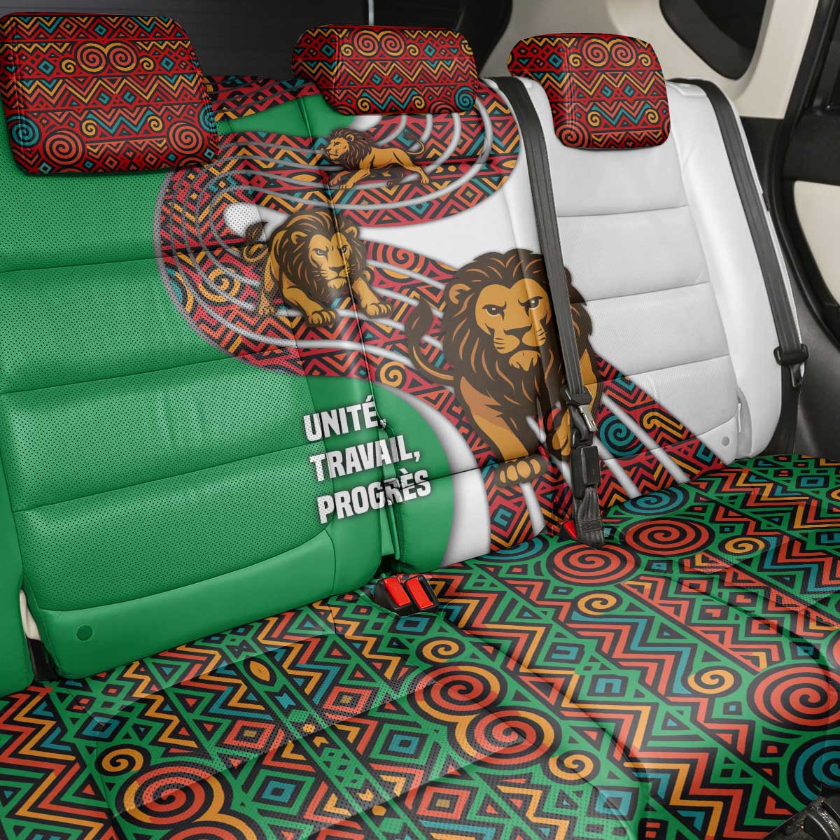 Burundi Lion Tribal Pattern Back Car Seat Cover with National Motto Unité Travail Progrès