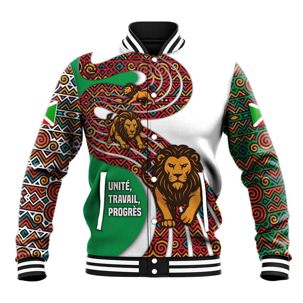 Burundi Lion Tribal Pattern Baseball Jacket with National Motto Unité Travail Progrès