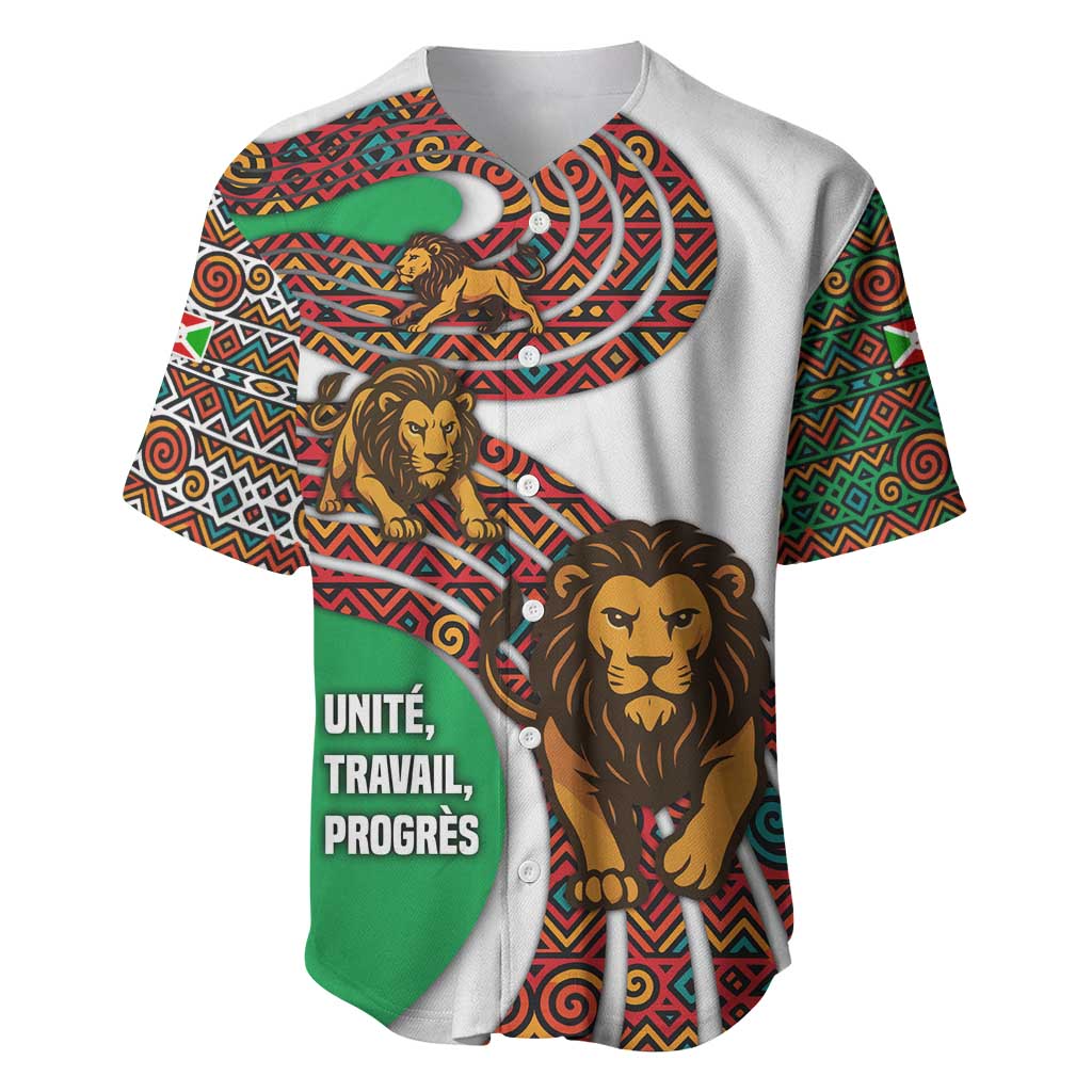 Burundi Lion Tribal Pattern Baseball Jersey with National Motto Unité Travail Progrès