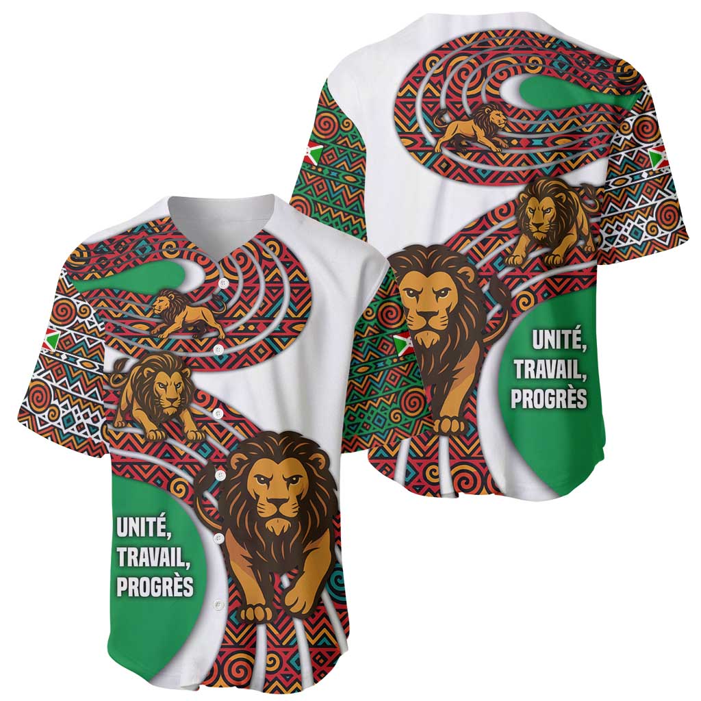Burundi Lion Tribal Pattern Baseball Jersey with National Motto Unité Travail Progrès