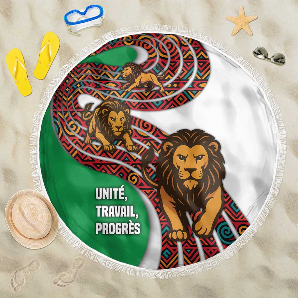 Burundi Lion Tribal Pattern Beach Blanket with National Motto Unité Travail Progrès