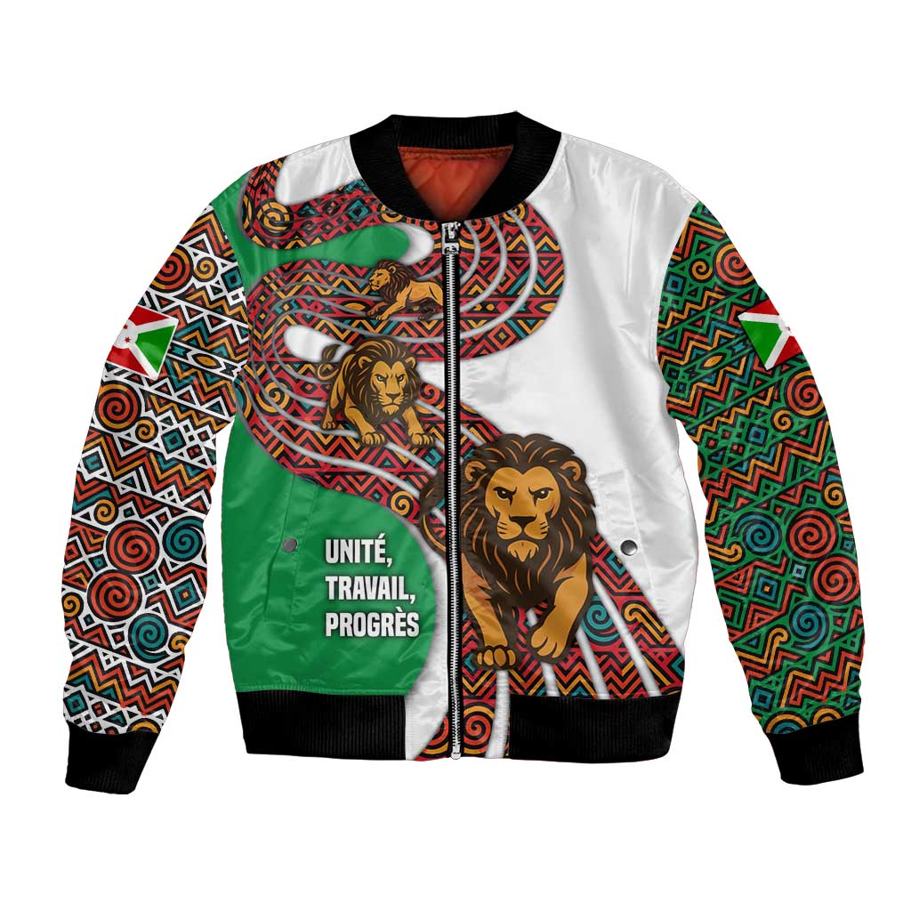 Burundi Lion Tribal Pattern Bomber Jacket with National Motto Unité Travail Progrès