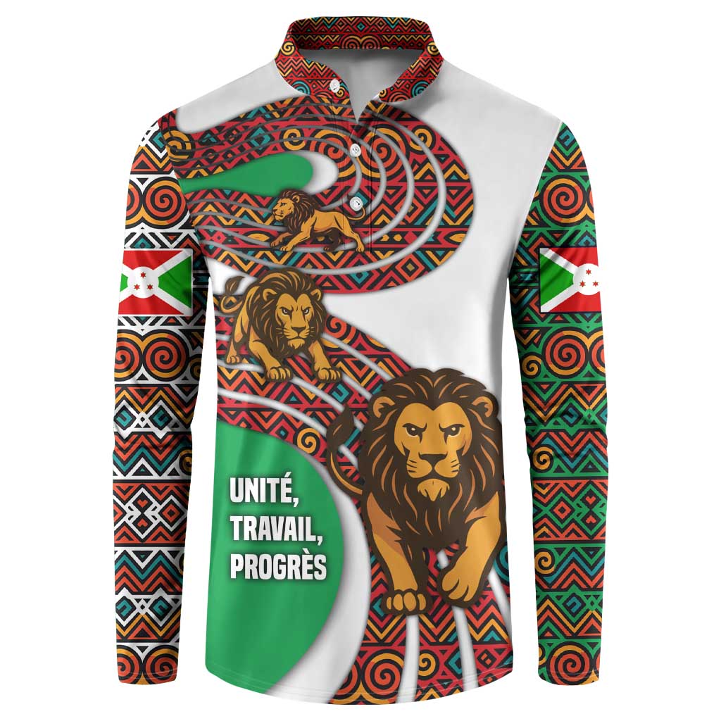 Burundi Lion Tribal Pattern Button Sweatshirt with National Motto Unité Travail Progrès