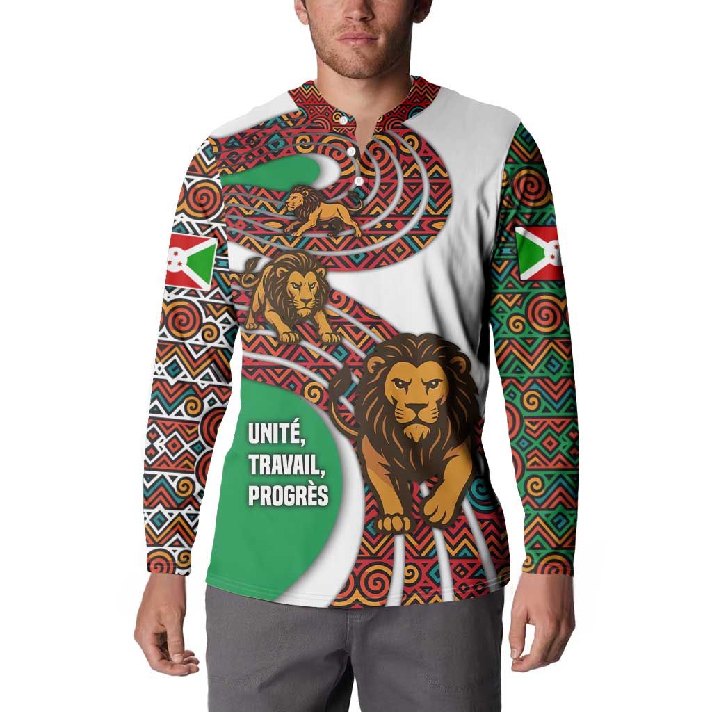 Burundi Lion Tribal Pattern Button Sweatshirt with National Motto Unité Travail Progrès