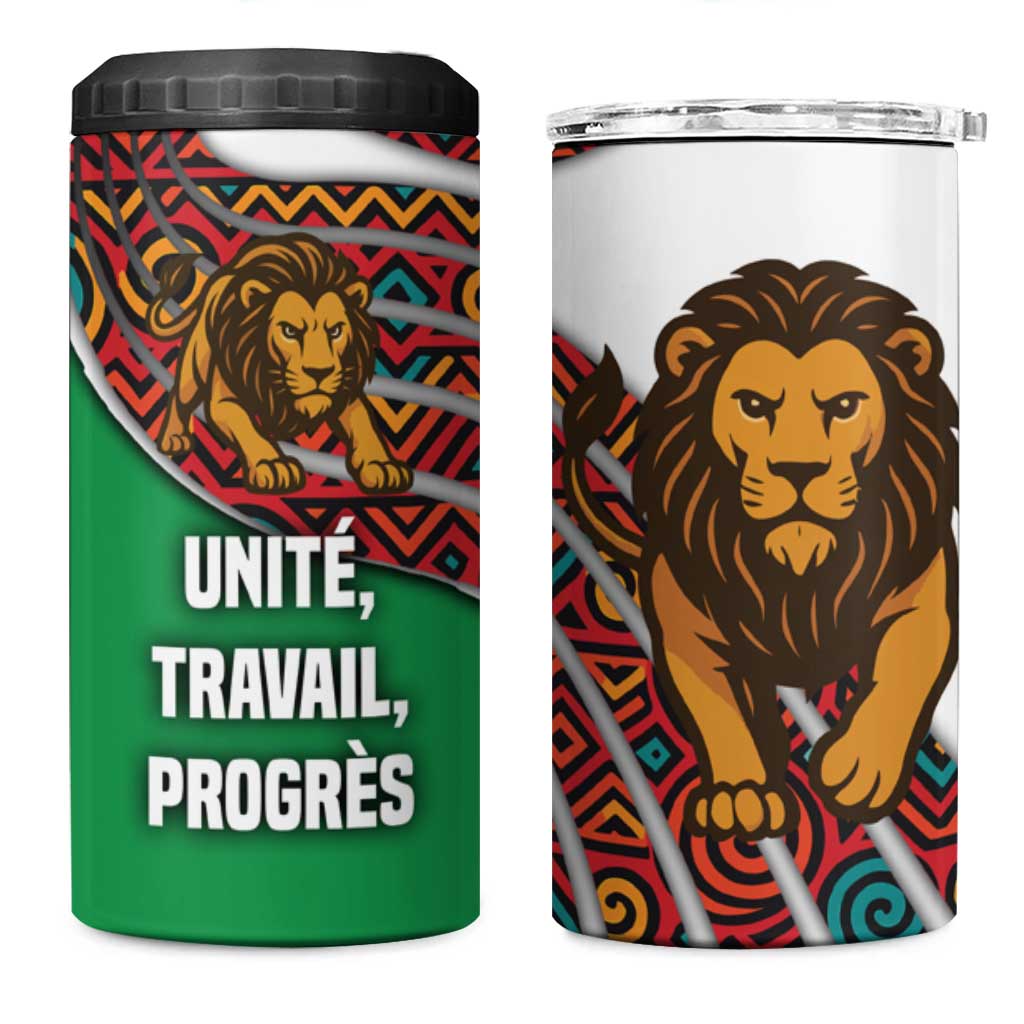 Burundi Lion Tribal Pattern 4 in 1 Can Cooler Tumbler with National Motto Unité Travail Progrès