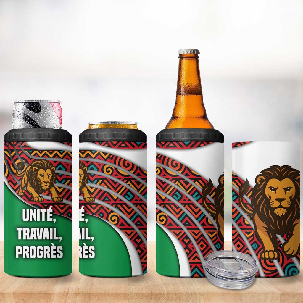 Burundi Lion Tribal Pattern 4 in 1 Can Cooler Tumbler with National Motto Unité Travail Progrès