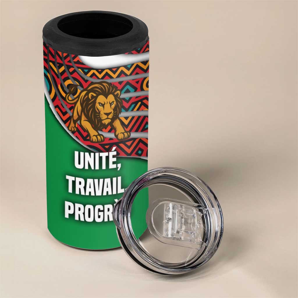 Burundi Lion Tribal Pattern 4 in 1 Can Cooler Tumbler with National Motto Unité Travail Progrès