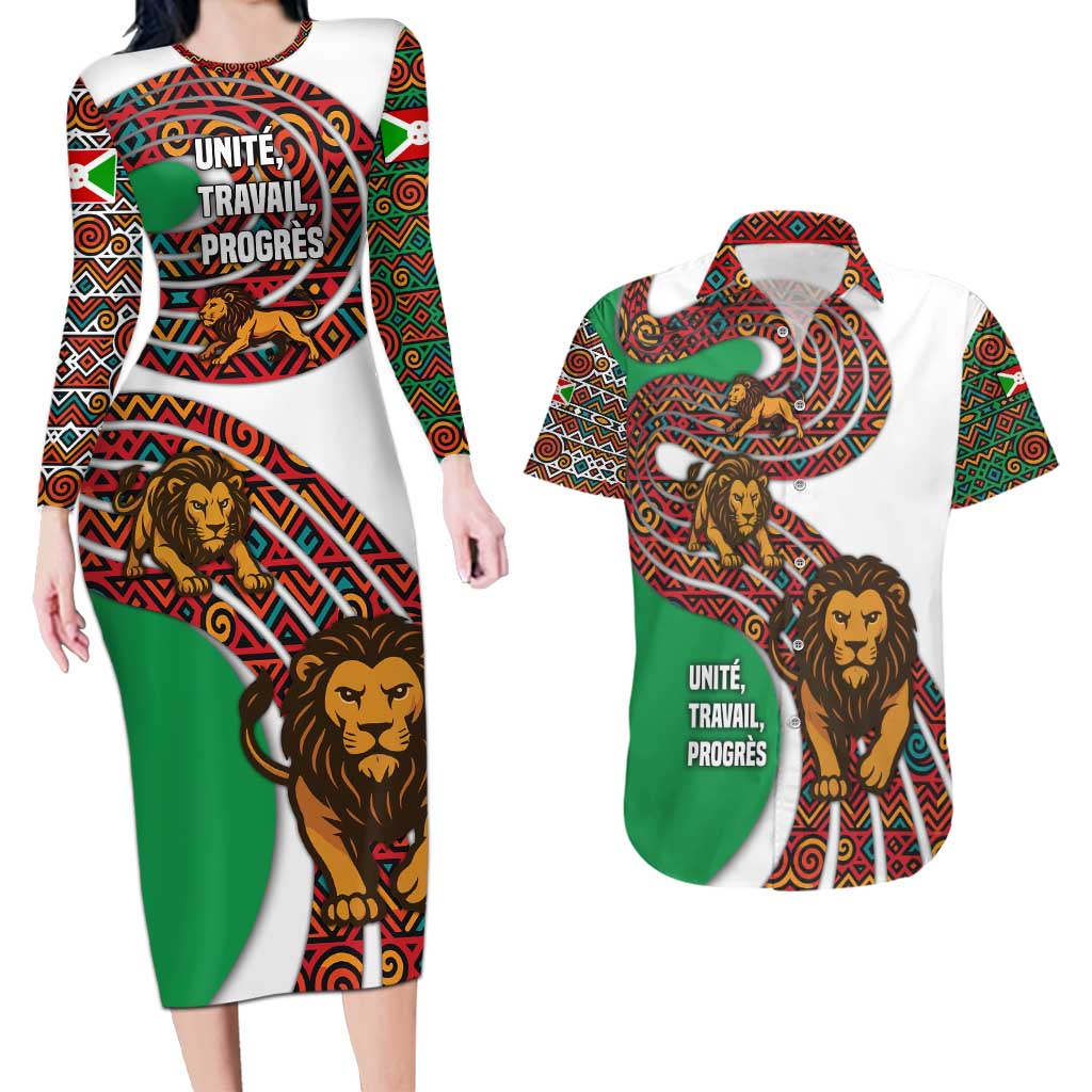 Burundi Lion Tribal Pattern Couples Matching Long Sleeve Bodycon Dress and Hawaiian Shirt with National Motto Unité Travail Progrès