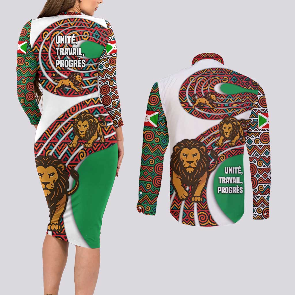 Burundi Lion Tribal Pattern Couples Matching Long Sleeve Bodycon Dress and Long Sleeve Button Shirt with National Motto Unité Travail Progrès