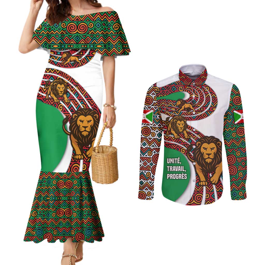 Burundi Lion Tribal Pattern Couples Matching Mermaid Dress and Long Sleeve Button Shirt with National Motto Unité Travail Progrès