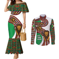 Burundi Lion Tribal Pattern Couples Matching Mermaid Dress and Long Sleeve Button Shirt with National Motto Unité Travail Progrès