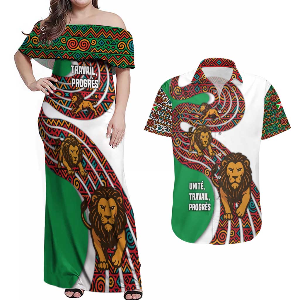 Burundi Lion Tribal Pattern Couples Matching Off Shoulder Maxi Dress and Hawaiian Shirt with National Motto Unité Travail Progrès