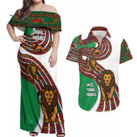Burundi Lion Tribal Pattern Couples Matching Off Shoulder Maxi Dress and Hawaiian Shirt with National Motto Unité Travail Progrès