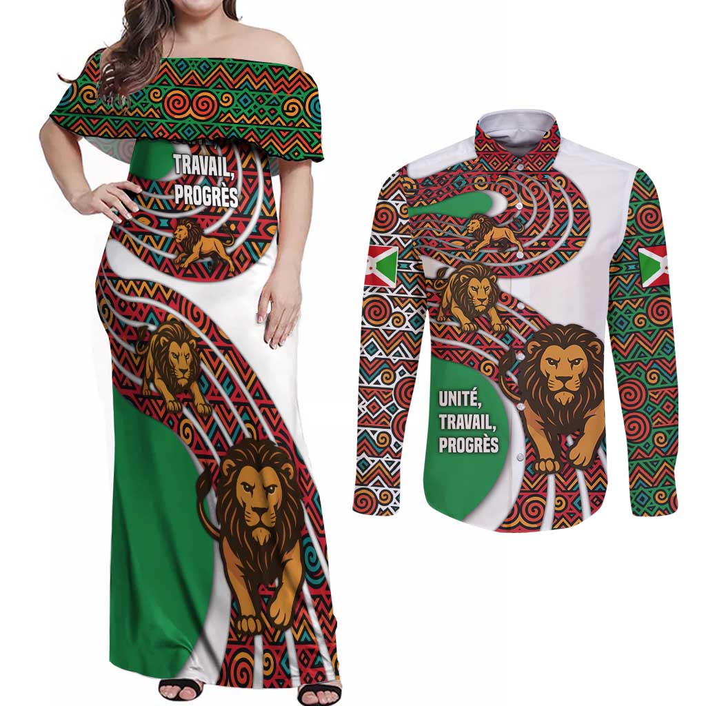 Burundi Lion Tribal Pattern Couples Matching Off Shoulder Maxi Dress and Long Sleeve Button Shirt with National Motto Unité Travail Progrès