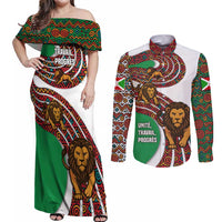 Burundi Lion Tribal Pattern Couples Matching Off Shoulder Maxi Dress and Long Sleeve Button Shirt with National Motto Unité Travail Progrès