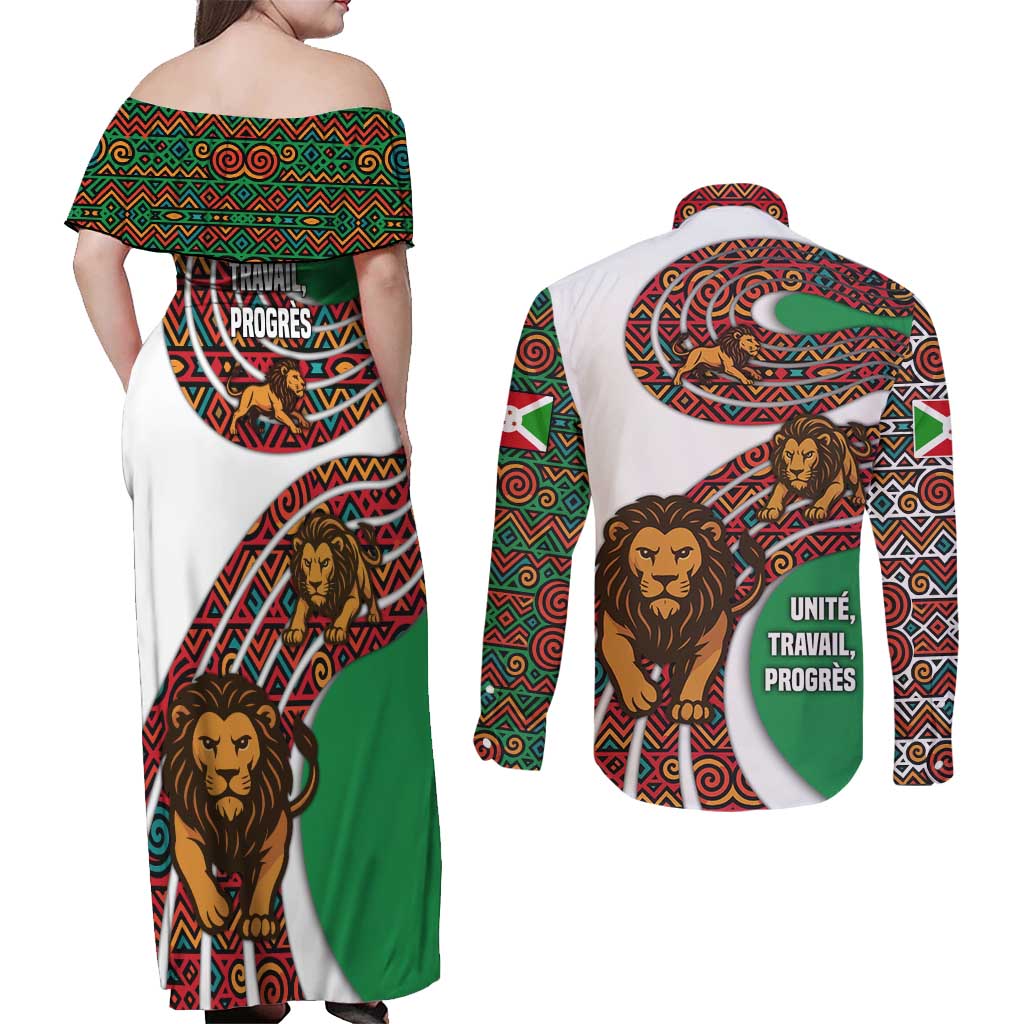 Burundi Lion Tribal Pattern Couples Matching Off Shoulder Maxi Dress and Long Sleeve Button Shirt with National Motto Unité Travail Progrès