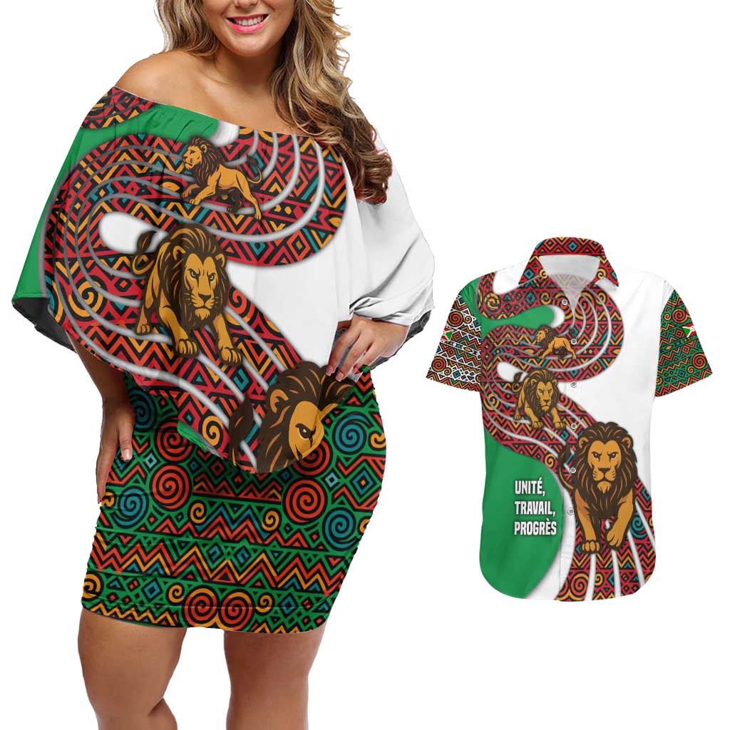 Burundi Lion Tribal Pattern Couples Matching Off Shoulder Short Dress and Hawaiian Shirt with National Motto Unité Travail Progrès