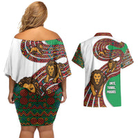 Burundi Lion Tribal Pattern Couples Matching Off Shoulder Short Dress and Hawaiian Shirt with National Motto Unité Travail Progrès