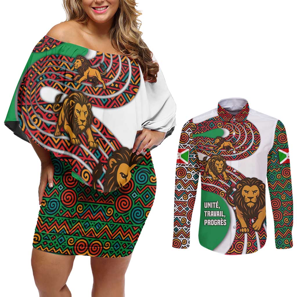 Burundi Lion Tribal Pattern Couples Matching Off Shoulder Short Dress and Long Sleeve Button Shirt with National Motto Unité Travail Progrès
