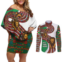 Burundi Lion Tribal Pattern Couples Matching Off Shoulder Short Dress and Long Sleeve Button Shirt with National Motto Unité Travail Progrès
