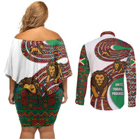 Burundi Lion Tribal Pattern Couples Matching Off Shoulder Short Dress and Long Sleeve Button Shirt with National Motto Unité Travail Progrès