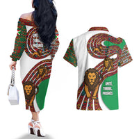 Burundi Lion Tribal Pattern Couples Matching Off The Shoulder Long Sleeve Dress and Hawaiian Shirt with National Motto Unité Travail Progrès