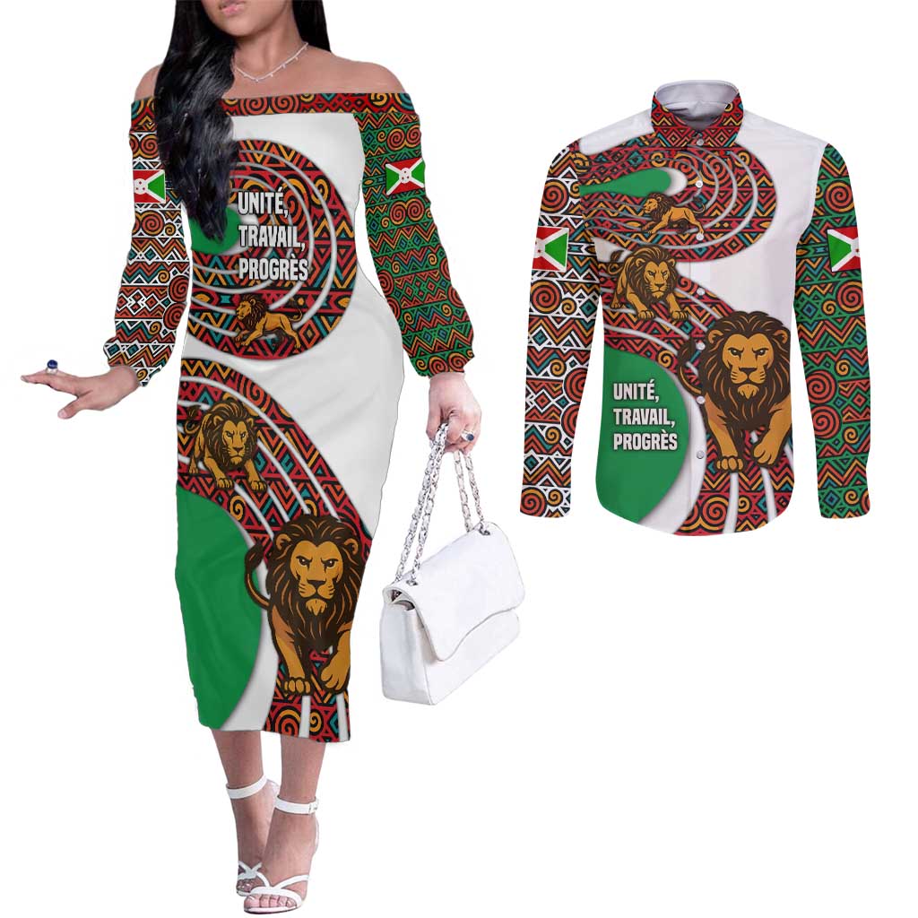 Burundi Lion Tribal Pattern Couples Matching Off The Shoulder Long Sleeve Dress and Long Sleeve Button Shirt with National Motto Unité Travail Progrès