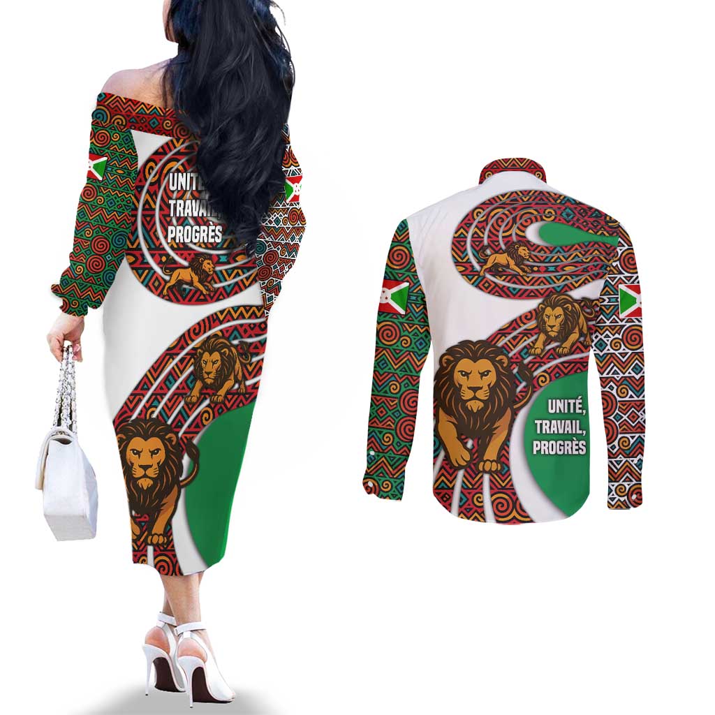 Burundi Lion Tribal Pattern Couples Matching Off The Shoulder Long Sleeve Dress and Long Sleeve Button Shirt with National Motto Unité Travail Progrès